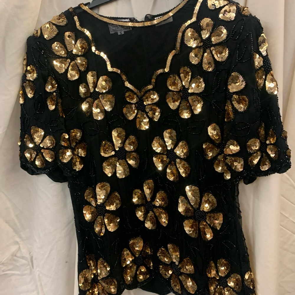 Stenay Black and Gold Sequin Floral Blouse